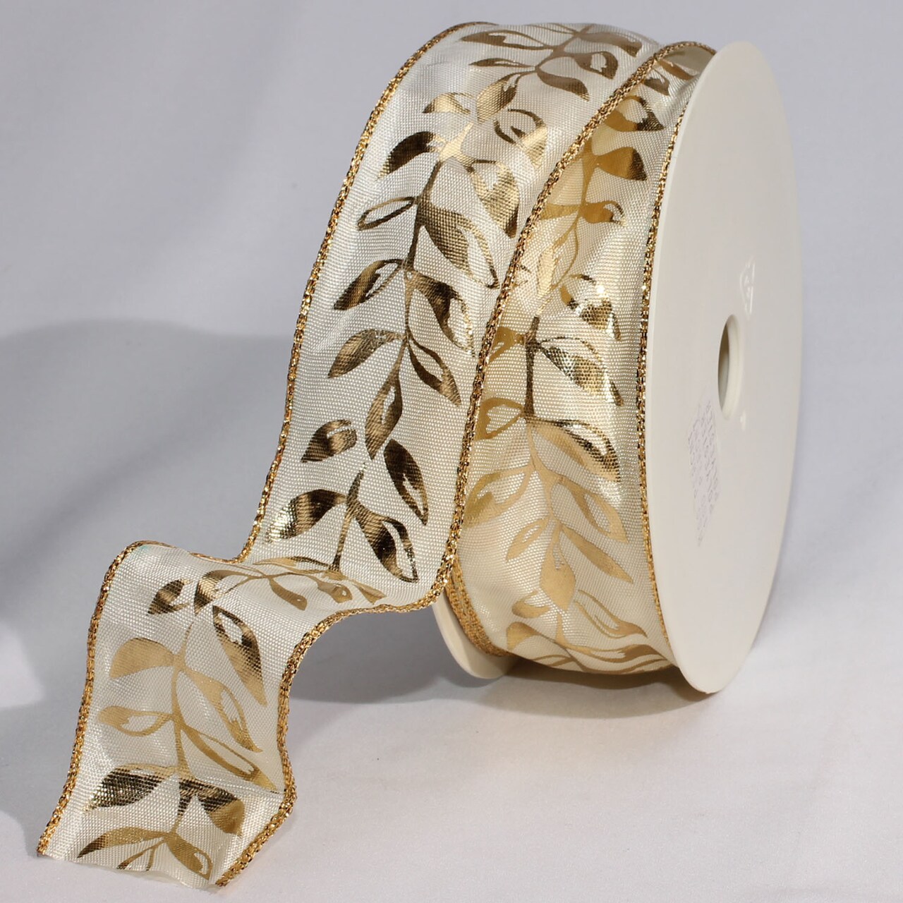 The Ribbon People Cream and Gold Colored "Holiday Wreath" Print Wired Craft Ribbon 1.5" x 54 Yards